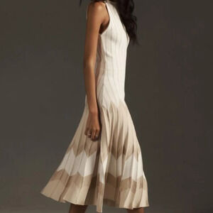 By Anthropologie Pleated Gold/ Cream Shimmer Halter Drop-Waist Knit Midi Dress S